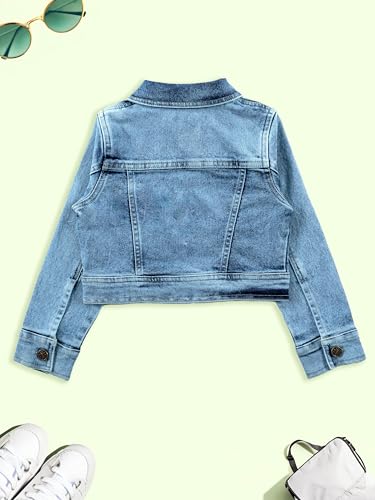 Image of Girls Full Sleeve Solid Crop Denim Jacket