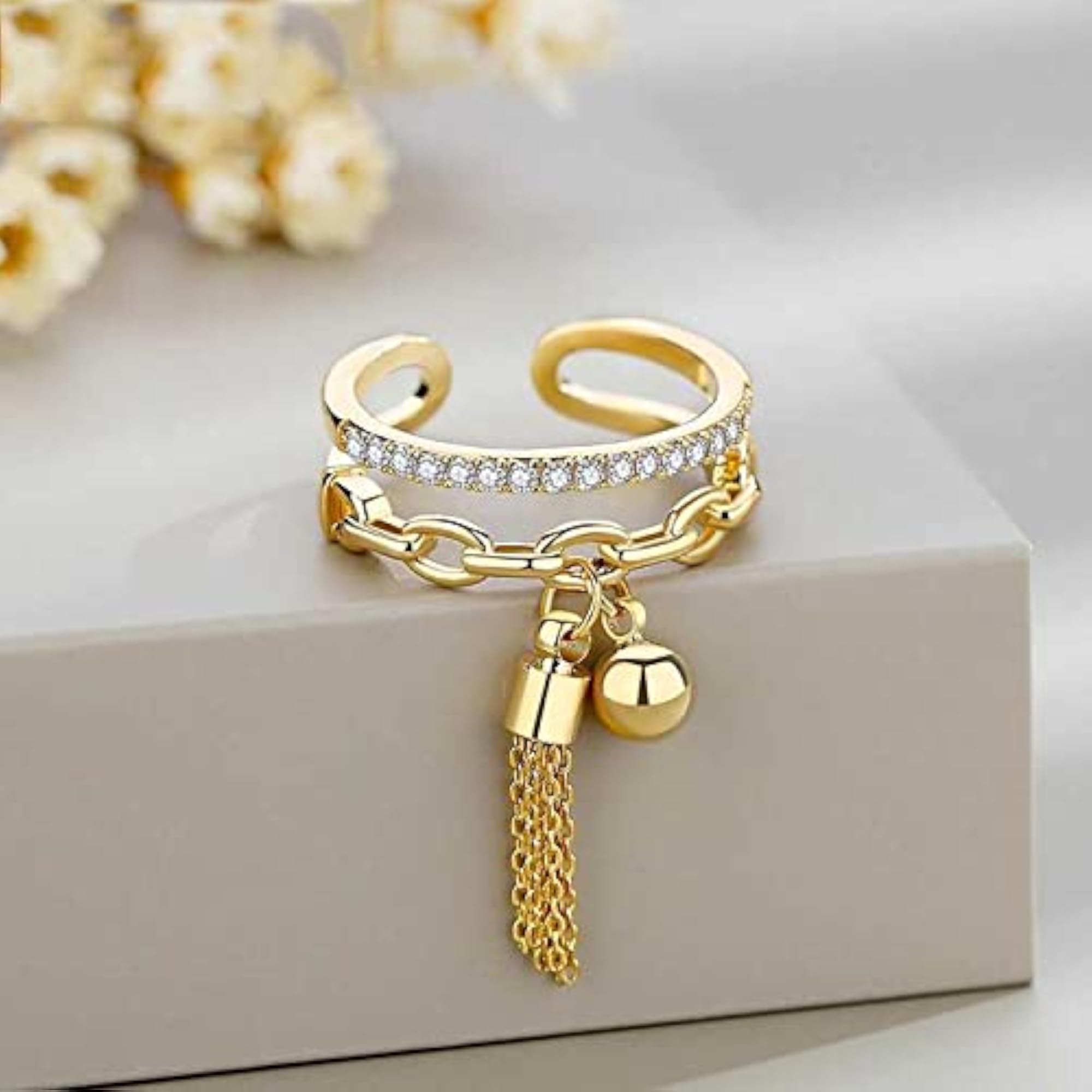 Adjustable Crystal Tassel Ring, Layered Stacked Bohemian Rings