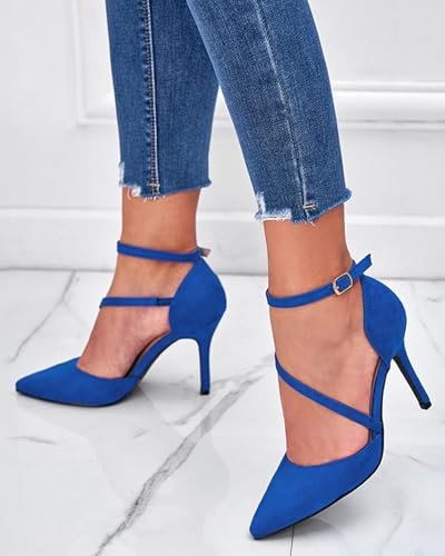 Image of Women's Pointed Toe High Heel Pumps, Elegant Asymmetric Cross Strap D'Orsay Stiletto Strappy Heels, Glossy Patent Dress Shoes for Wedding, Party, and Office