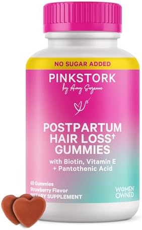 Pink Stork Postpartum Hair Loss Gummies | Biotin, Pantothenic Acid, Vitamin E, B6, B12 | Postnatal Hair Growth + Regrowth Support | Breastfeeding-Friendly | Postpartum Essentials | 60 Gummies