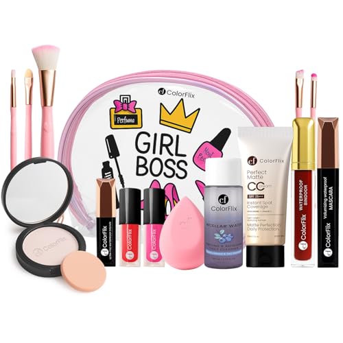 Image of ColorFlix Navrang Beauty Set - Complete 12-in-1 All-in-One Makeup Kit for Women & Girls, Includes CC Cream, Lipsticks, Mascara, Eyeliner, Beauty Blender, Brushes, Micellar Water & Travel Pouch, Full Face Makeup Combo Gift Set