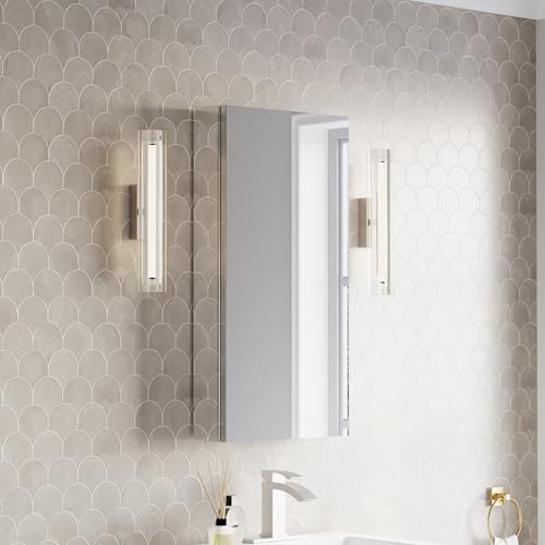 WELLFOR 16" x 32" Bathroom Medicine Cabinet, Anodized Chrome Aluminum Frame, Medicine Cabinet with Adjustable Glass Shelves, Bathroom Cabinet with Reverse Door Installation, Surface or Recessed Mount