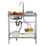 Outdoor Utility Sink, Freestanding Kitchen Sink Set, Stainless Steel Single Bowl Sink, Portable Commercial Utility with Table&Storage Shelves for Garage, Restaurant, Kitchen,Camping, Backyard