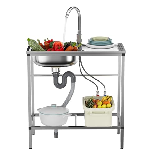 Outdoor Utility Sink, Freestanding Kitchen Sink Set, Stainless Steel Single Bowl Sink, Portable Commercial Utility with Table&Storage Shelves for Garage, Restaurant, Kitchen,Camping, Backyard