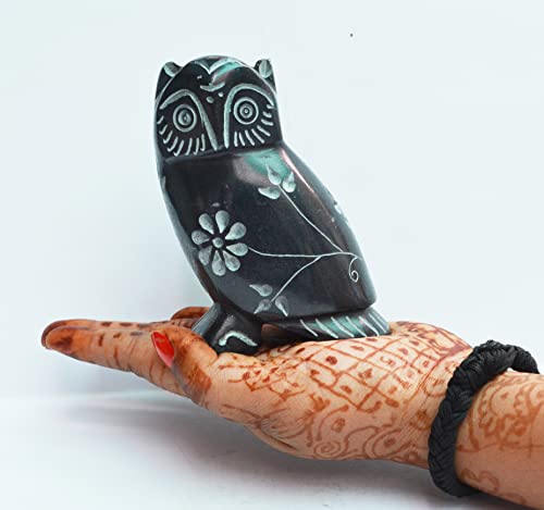 Black Soapstone Owl Collectibles Carved Figurine Sculpture - Unique Handmade Marble Owl Statue Showpiece Gift Decor Good Luck ​India Living Room Bedroom Home Office Owl Craft Statues (Owl 3" Inch) #TOP6