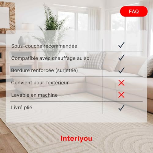 Interiyou Tapis Salon à Poils Courts Lecce - 160x230 Crème - Intérieur pour Chambre, Bureau, Couloir - Motif bohème scandinave avec Effet 3D - Design géométrique Plat – vue 7
