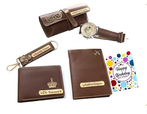 Your Name Customized Leather Passport Holder, Sunglasses Cover and Men’s Wallet with Mens Watch and Keychain Gifts – Rakshabandhan Personalized Gifts (Brown)