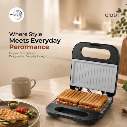 Image of Wipro Elato BS103 Luxe 800W Grill Sandwich Maker|Ceramic Coated Plates|BPA Free|PTFE, PFAS & PFOA Free|Auto Temperature Control|Cool Touch Handle|Fits 2 Regular Bread Slices|2 Year Warranty