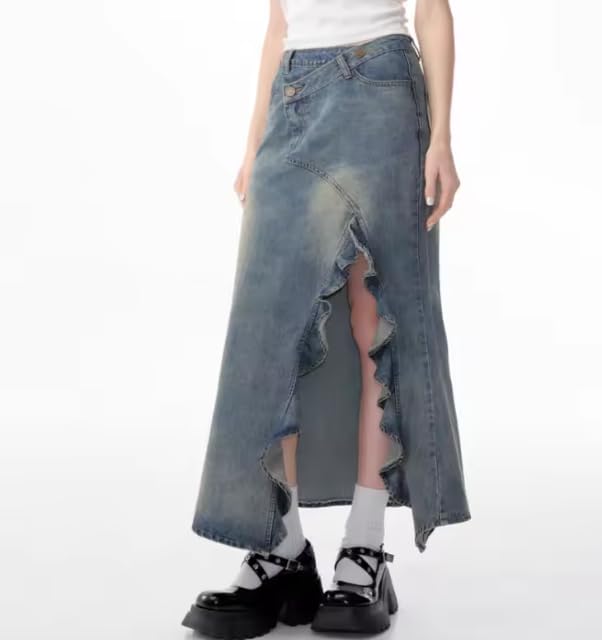Women's Retro High Waist Slimming A-Line Long Denim Skirt with Side Split | Flattering Tailored Fit2
