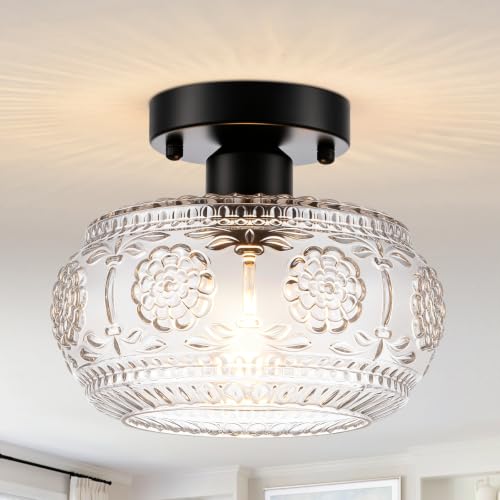 Tbaoinla Semi Flush Mount Ceiling Light Fixture - Black Metal Base with Floral Glass Shade & Minimalist Metal Cup, Modern Vintage Lighting for Entryway, Bathroom, Kitchen, Bedroom (Bulb Not Included)