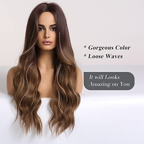 Haircube Long Ombre Brown Wigs For Women,Synthetic Curly Hair Hair Wig Middle Parting #TOP1
