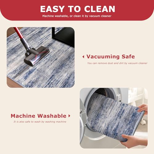 KOZYFLY Modern Abstract Washable Rug Runner 2x5 Hallway Rug Runner Non-Slip Soft Kitchen Runner Rugs, Distressed Grey-Blue Striped Carpet for Entryway Bathroom Laundry Room Foyer
