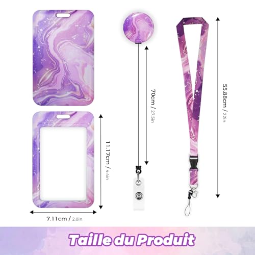 Porte Badge Cordon Tour de Cou, Porte-cartes avec Swivel Lobster Clasp Rétractable pour Cartes d'transport d'étudiant d'infirmière, Carte de Bureau (Motif ondulé rose) – vue 2