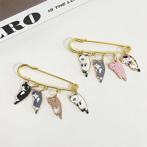 Image of Lovely Cat Charms Gold-Tone Safety Pins - Calico, Ginger, Siamese Cat Dangle Accessory Brooch Pin for Cat Lover Gift