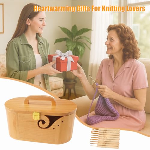 Sivlnian Portable Oval Wooden Yarn Bowl - with Lid, Lock & Handle, 9 Knitting Hooks Set, Perfect Organizer for Threads & Knitting Supplies