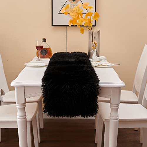 Table Runner, Modern Black Dresser Fur Table Runners For Christmas Wedding Party Holiday Birthday Home Farmhouse Dining Coffee Table Decor, Decoration Rug Bed Runner For Table 11.8X59.1 Inch #TOP2