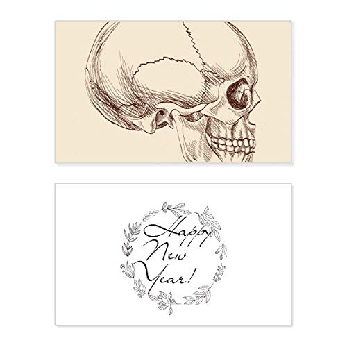 Tarjeta conmemorativa de Año Nuevo con calavera humana, papelería de diseño gótico y alternativo