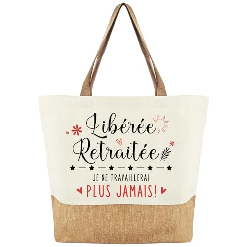 Tarklanda Cadeau Retraitee Sac à Main Retraitée Jute Tote Bag Femme, Cabas de Plage Courses pour Retraitées, Cadeau de Départ pour Retraités Collègue...