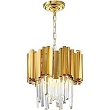 WABON Modern Crystal Pendant Light Fixture, D11.81” Round Gold Crystal Hanging Light 2-Tiers Contemp