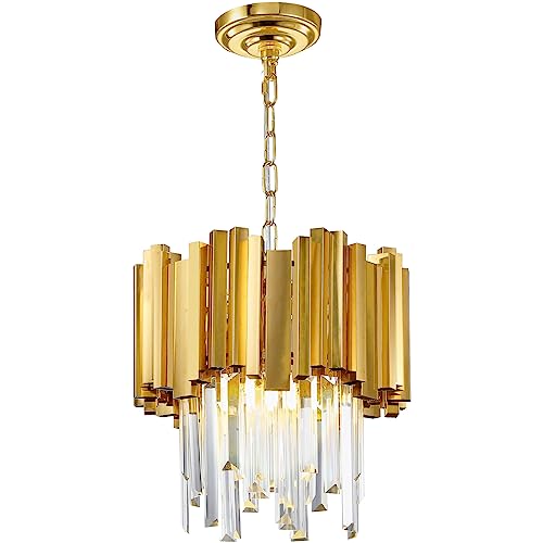 Wabon Modern Crystal Pendant Light Fixture, D11.81” Round Gold Crystal Hanging Light 2-Tiers Contemporary Crystal Chandelier For Living Room Dining Room Kitchen Island #TOP19