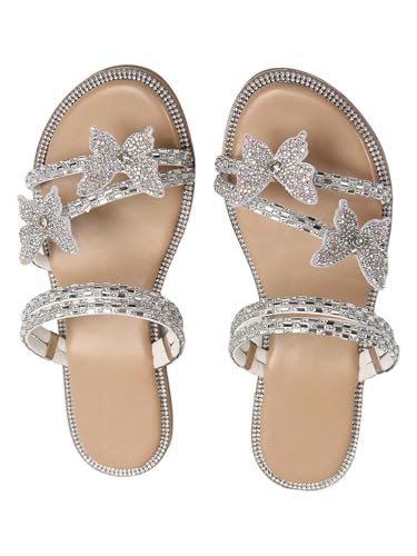 Image of OYOANGLE Women's Silver Rhinestone Sandals Sparkly Dressy Flat Sandals
