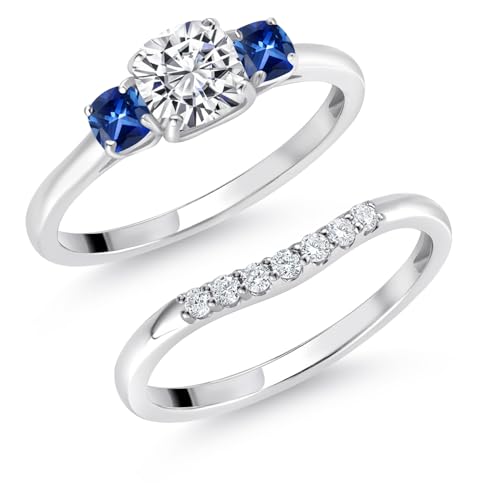Gem Stone King 10K White Gold Lab Grown Diamond and Blue Created Sapphire 3-Stone Bridal Engagement Wedding Ring Set For Women | 1.03 Cttw | 5MM and 3MM Cushion Cut | Size 5,6,7,8,93