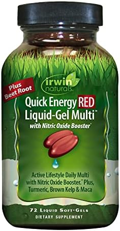 Irwin Naturals Quick Energy RED Liquid-Gel Multi with Nitric Oxide Booster - 72 Liquid Softgels - with Nitric Oxide Booster, Turmeric, Brown Kelp, Maca & Beet Root