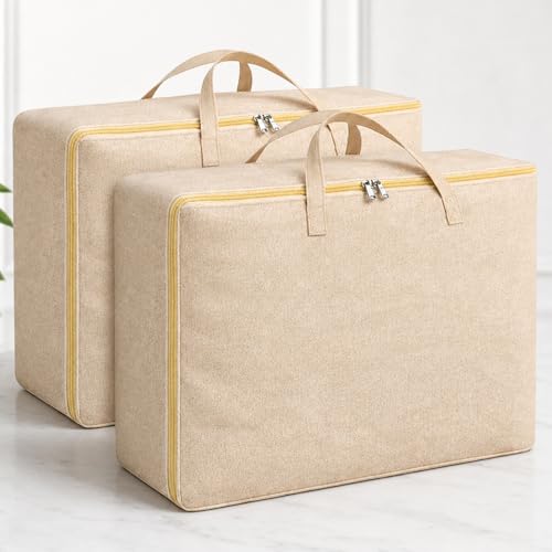 Image of SITTELLA 2 Pack Large Foldable Storage Bags 79 L | Fabric Storage Organizer Box with Zip | Blanket, Quilt & Household Item Storage | Space Saving Storage Container | Beige