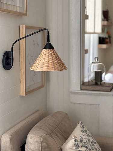 Image of JONATHAN Y 11 inch Black and Natural 1-Light Rattan and Metal Swing Arm Wall Sconce, Vintage Coastal Wall Lamp with Pivoting Head for Bedroom Reading, LED Bulb Included JYL1602A