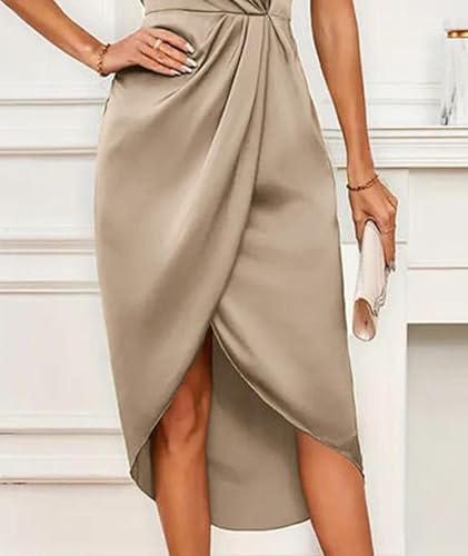 Image of Sexyshine Women's Wrap V Neck Short Sleeve Satin Midi Dress Split Hem Ruched Pleated Formal Evening Party Dresses