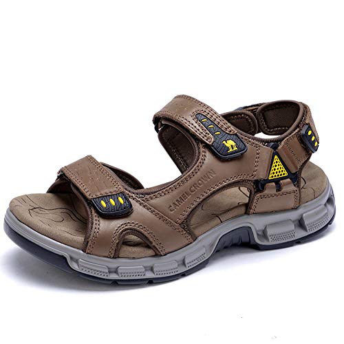 Camel Men's Leather Trendy Summer Beach Shoes Outdoor Sport Hiking Sandals Non-Slip (Red-Brown, 12) #TOP29