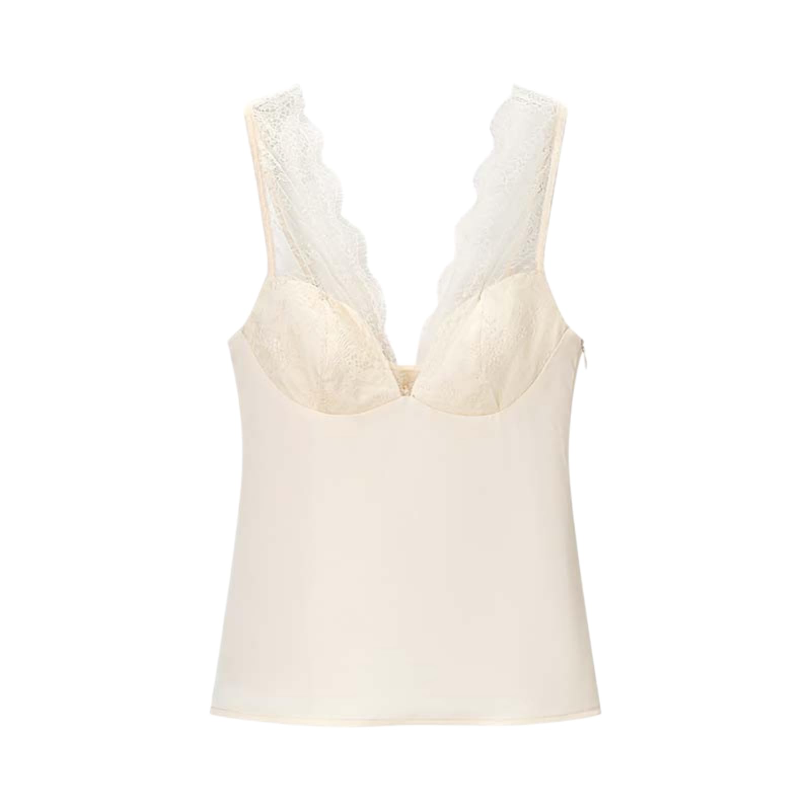 Canotta da Donna Nero Raso Pizzo V-Collo Camisole Top per Le Donne Tagliato Y2k Harajuku Camicia Senza Maniche Blusa Femminile-Beige-l