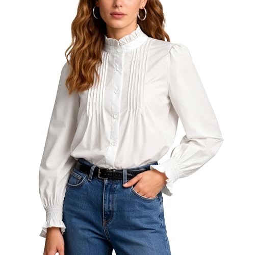 JJDreams Elegant Work Blouse Womens Ruffled Stand Collar Pleated Button Down Top...