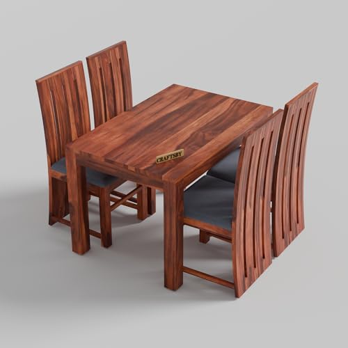 Image of 45 Inches Length Solid Sheesham Wood 4 Seater Dining Table Set | Four Seater Dinner Table with 4 Grey Cushions High Chairs| Dinning Table Set 4 Seater for Living Room| Honey Finish