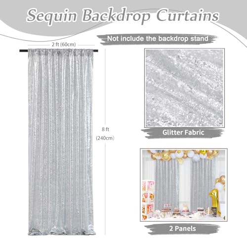 Image of Silver Sequin Backdrop Curtains-2 Panels 2FTx8FT Silver Backdrop for Valentines Day, Glitter Party Decorations Background Drapes for Wedding Birthday Anniversary Graduation Photo Booth Decor
