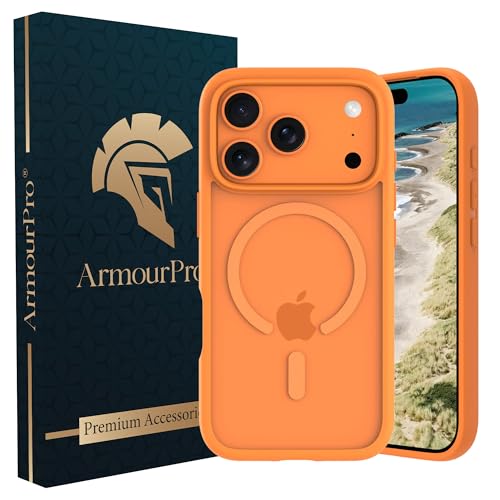 Image of ArmourPro MagSafe Compatible Case for iPhone 17 Pro Max, Magnetic Wireless Charging Back Cover with Clear Back, Flexible TPU Bumper, Camera Protection | Orange