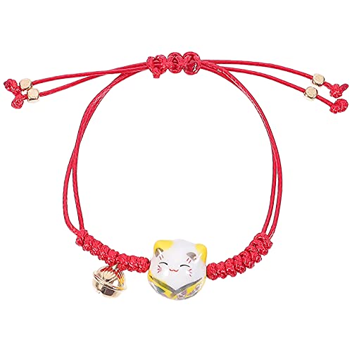 Happyyami Chat Chanceux Bracelet Feng Shui Maneki Neko Fortune Chat Bonne Chance Chaîne Tressé Perles Cloche Poignet Chaîne Bracelets pour La Richesse Santé Rich Symbole D' Argent Jaune