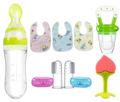 Image of 8-Piece Baby Feeding & Oral Care Set | Silicone Spoon Bottle 90ml, Fruit Feeder, Fruit Teether, Finger Tooth Brush (2pcs) & Waterproof Silicone Bibs (3pcs) | BPA-Free Newborn Kit (Combo of 8) (Green)