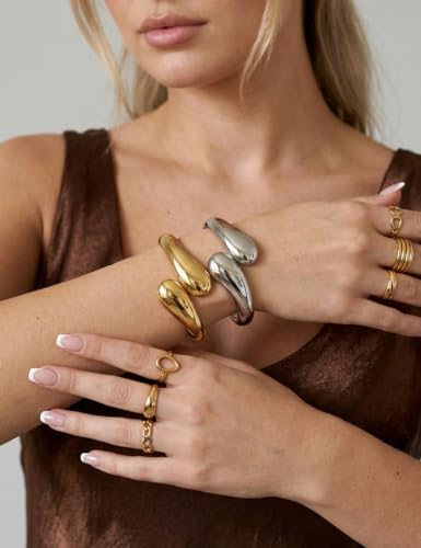 Image of Chunky Gold Bangle Bracelets for Women, Dainty 14k Gold Plated Big Stackable Bangles Set, Trendy Statement Cuff Bracelet Stack Fashion Jewelry Gifts