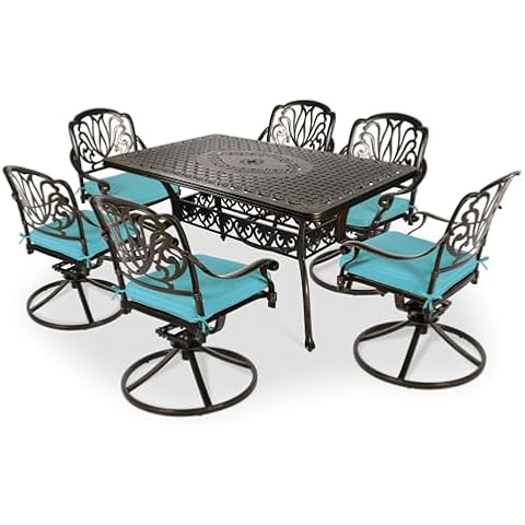 VIVIJASON 7-Piece Outdoor Furniture Dining Set, All-Weather Cast Aluminum Conversation Set Includes 6 Swivel Dining Chairs and a Rectangle Table with Umbrella Hole for Patio Garden, Ocean Blue Cushion Cover