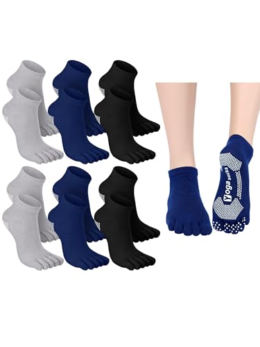 6 Pairs Women Toe Socks Non Slip Yoga Socks with Grip Men Pilates Toe Socks for Dance Gym