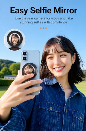 Image of mizi Magnetic Suction Phone Grip for Mag Safe, 360 Rotating Phone Grip Stand with Silicone Suction Cups, Magnetic Phone Holder - Built-in Mirror, Universal Hands-Free Grip for iPhone 18 /To /12, Black
