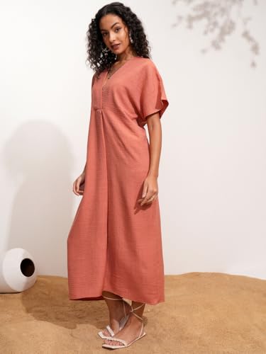Image of Tokyo Talkies Women's Dresses for Women | Solid Color | Kaftan Style | Holiday Midi Dress | Short Kaftan Sleeves | Relaxed & Elegant