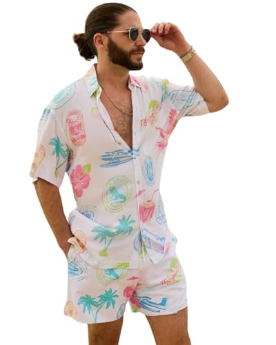 Image of Men's Polyester fabric solid Printed Co-Ord Set for men Floral Print Short Sleeve Shirt with Drawstring Shorts Casual Summer Wear, Beach & Vacation Outfit for Men