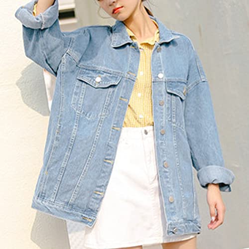 Qibabu Women Mid Long Denim Jacket Trucker Biker Oversized Distressed Jean Jackets (0855-Lightblue-L-Qb) #TOP4