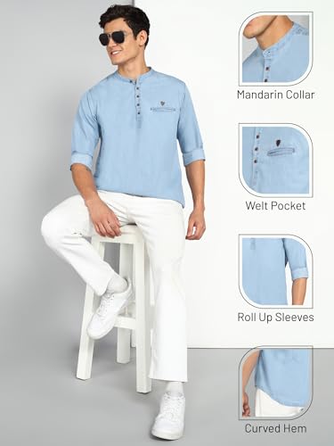 Image of Kuons Avenue Men's Denim Casual Short Kurta | Mandarin Collar | Full Sleeves | Tailored Fit- Stylish Ethnic Wear