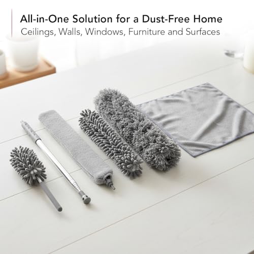 Image of OVENTE Microfiber Duster Cleaning Set with Stainless Steel Extension Pole Up to 96 inch, Washable, Reusable and Bendable Dusters for High Ceiling Fans, Blinds, Furniture, Cobweb and Cars, Grey CTD1526GY