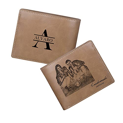 Personalized Men's Photo Wallet, Valentines Day Gift for Him Initial Monogram Name Wallet Custom Picture Leather Slim Bifold Wallet (Brown)