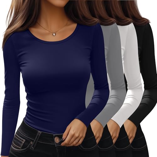 Neer 4 Pack Women's Long Sleeve Shirts Scoop Neck Cotton Slim Fit Tops Stretchy Casual Base Layer Tee Fall