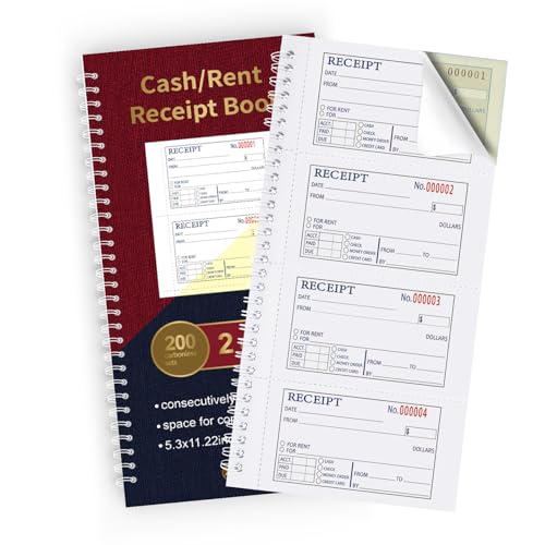 Zzrywuty Money and Rent Receipt Book with Cardboard Insert,2-Part Carbonless,5.3”x11.2” Spiral Bound,200 Sets per Book,4 Receipts per Page for Office Supplier,Rent and Cash Transaction